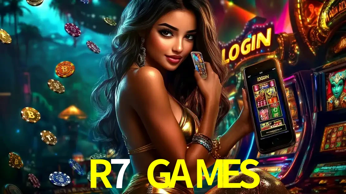 Mulher em um cenário de cassino temático de aventura, mostrando o app de caça-níqueis da R7 GAMES no celular. Fichas de apostas flutuam ao redor.