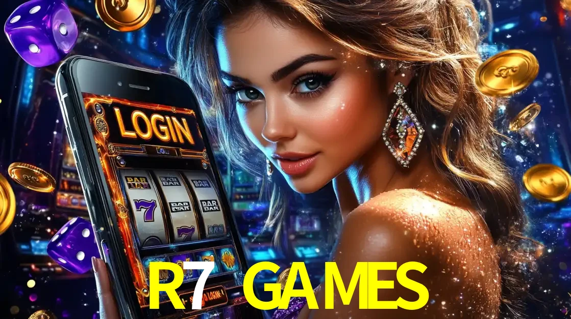 Mulher glamorosa segurando um smartphone com a tela de login para os jogos de caça-níqueis do cassino online R7 GAMES, com moedas de ouro e dados ao redor.