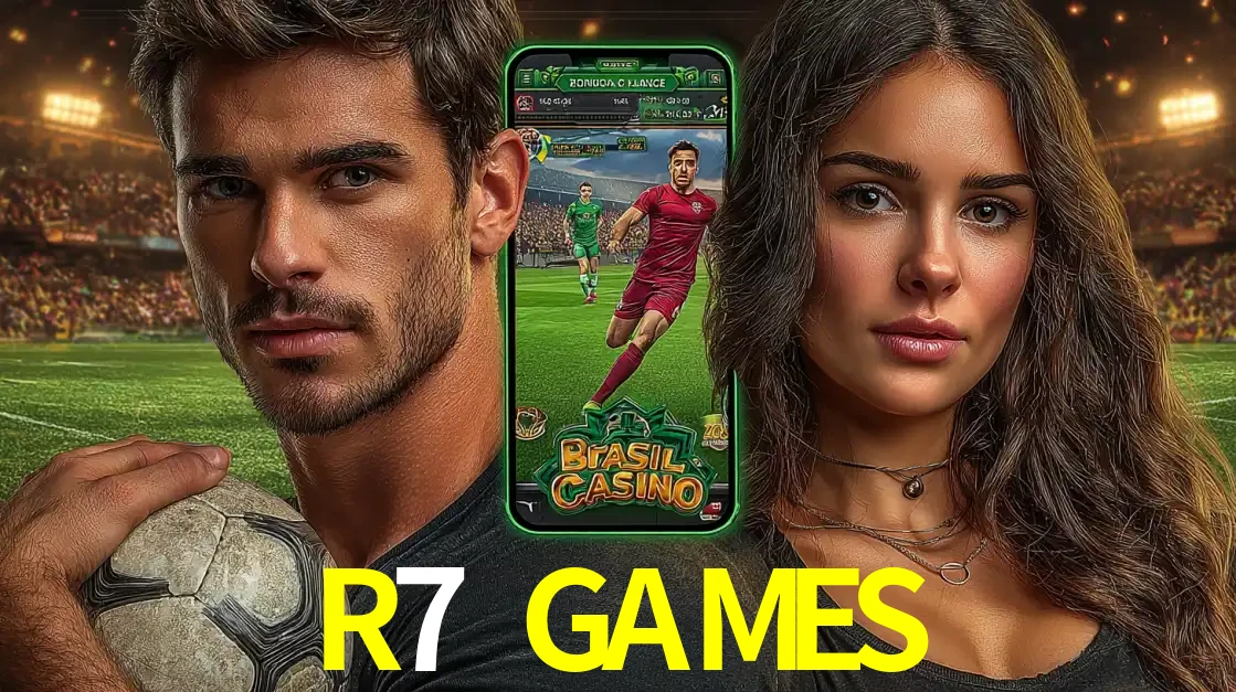 Homem segurando uma bola de futebol e uma mulher ao lado de um smartphone exibindo o jogo de apostas esportivas da R7 GAMES. Faça seu palpite no cassino online.